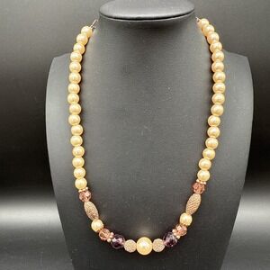 Vintage 1928 Creamy‎ Faux Pearl Rose Gold & Amber Beads 16-19"